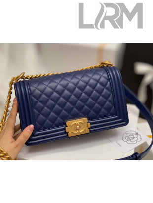 Chanel Quilted Origial Haas Caviar Leather Medium Boy Flap Bag Blue with Matte Gold Hardware(Top Quality)