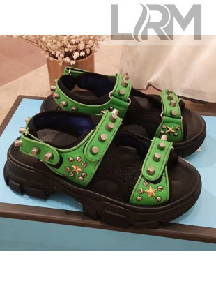 Gucci Flat Leather and Mesh Sandal with Studs 549909 Green/Black 2019 