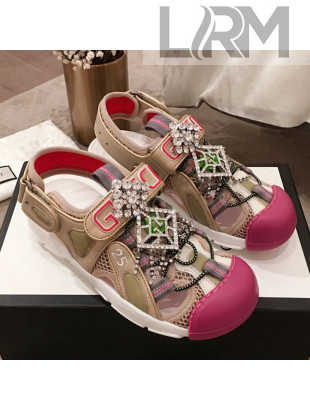 Gucci Flat Leather and Mesh Sandal ‎570440 Beige 2019