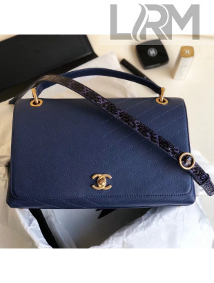 Chanel Calfskin Chevron Chic Large Top Handle Bag A57149 Navy Blue 2018