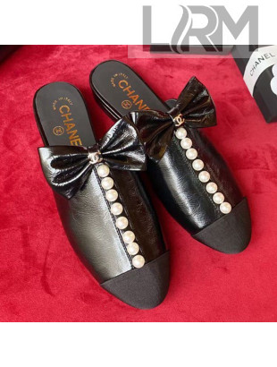 Chanel Wax Calfskin Flat Mules with Pearl and Bow Black 2021