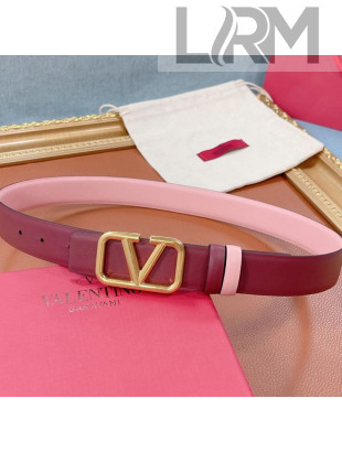 Valentino VLogo Reversible Calfskin Belt 30mm with Metal V Buckle Burgundy/Pink 2021