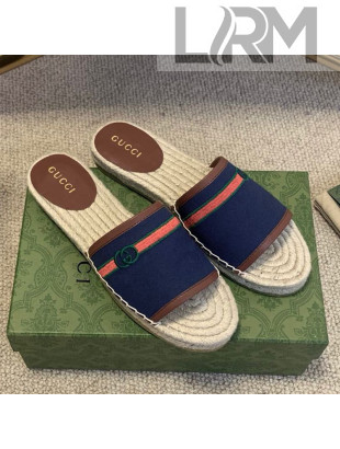 Gucci Epilogue Canvas Web Espadrille Slide Sandal Navy Blue 2021 (For Women and Men)
