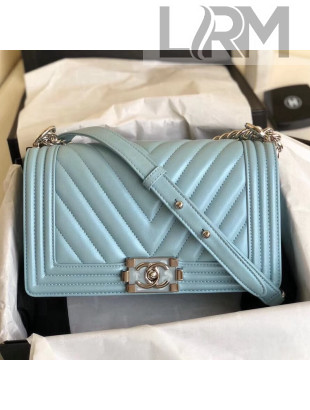 Chanel Metallic Lambskin Medium BOY CHANEL Handbag with Resin & Silver-tone Metal A67086 Lake Blue 2018