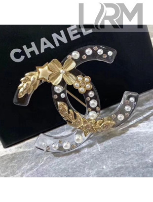 Chanel Resin Carved Metal CC Brooch Transparent/Gold 2019
