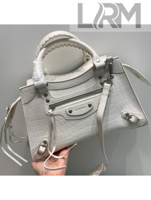 Balenciaga Neo Classic Matte Small Top Handle Bag in White Crocodile Embossed Calfskin 2020