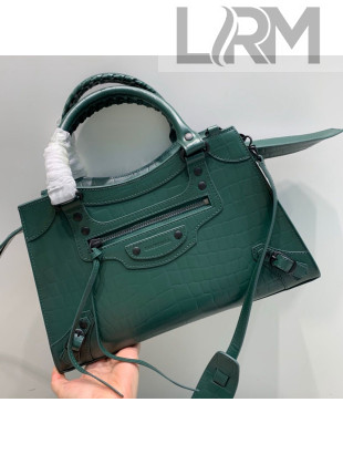 Balenciaga Neo Classic Matte Small Top Handle Bag in Green Crocodile Embossed Calfskin 2020