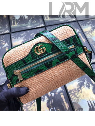 Gucci Ophidia Straw-Effect Fabric and Snakeskin Mini Shoulder Bag 574493 Beige/Green 2019