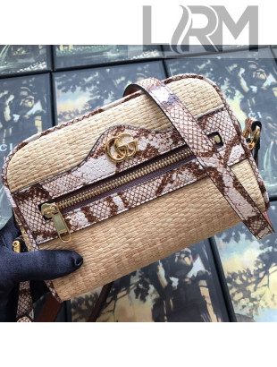 Gucci Ophidia Straw-Effect Fabric and Snakeskin Mini Shoulder Bag 574493 Beige/Brown 2019