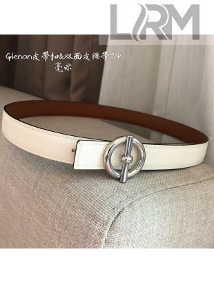 Hermes Glenan Reversible Calfskin Belt 24mm with Ring Buckle White/Silver 2021