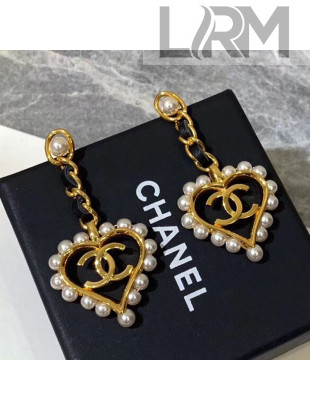 Chanel Chain Leather and Pearl Heart Pendant Earrings Black/White/Gold 2019