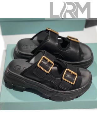 Gucci Double Leather Straps Slide Sandal 602177 Black 2020