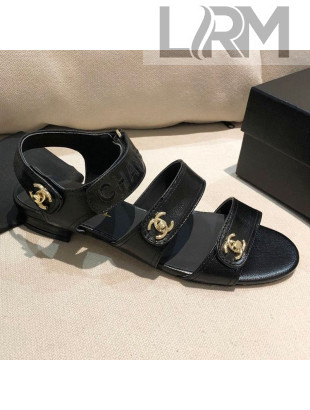 Chanel Lambskin Logo Strap Flat Sandals G37387 Black 2021