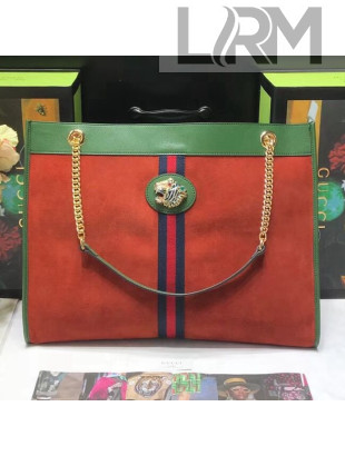 Gucci Large Tote with Tiger Head in Suede and Patent Leather 537219 Orange/Green 2018