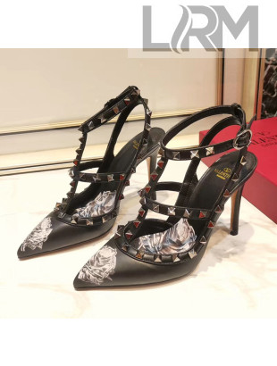 Valentino Rockstud Ankle Strap Calfskin Pump With Rosy Printed And 9.5cm Heel Black 2020