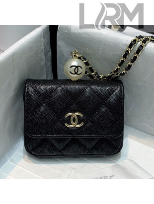 Chanel Iridescent Grained Calfskin Flap Coin Purse with Pearl and Chain AP2118 Black 2021