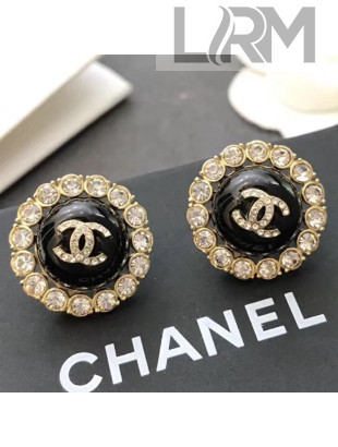 Chanel Crystal Pearl Round Stud Earrings Black 2019