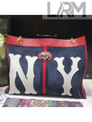 Gucci Suede Leather Rajah Large Tote with NY Yankees Patch 537219 2018