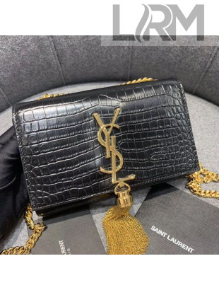 Saint Laurent Kate Small with Tassel in Embossed Crocodile Shiny Leather 354120 Black/Gold 