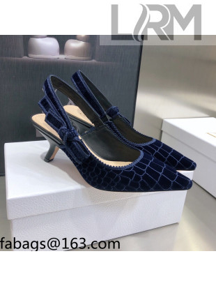 Dior J'Adior Slingback Pumps 6.5cm in Navy Blue Crocodile-Effect Embroidered Velvet 2021