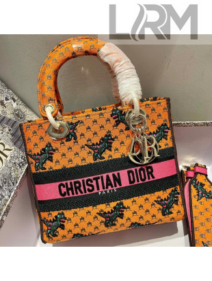 Dior Medium Lady D-Lite Bag in Orange Multicolor Dragon & Fire Embroidery 2021