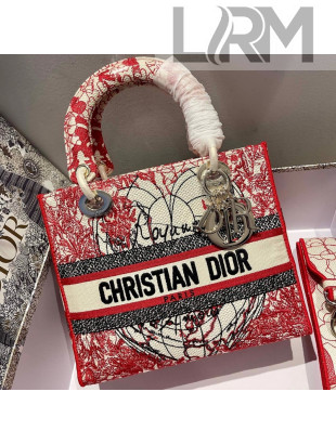 Dior Medium Lady D-Lite Bag in Red and White D-Royaume d'Amour Embroidery 2021