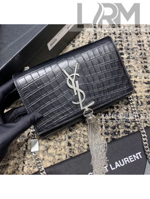 Saint Laurent Kate Small with Tassel in Embossed Crocodile Leather 354120 Black/Silver 02