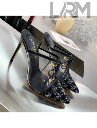 Chanel Tweed Transparent Lace-up High-Heel Mules Black 2019