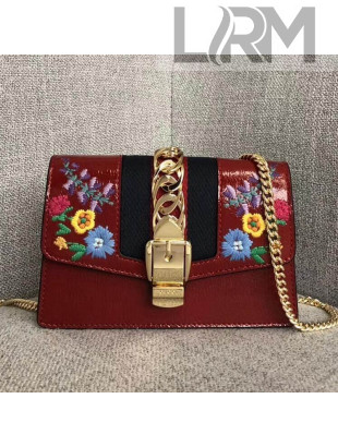 Gucci Sylvie Embroidered Flower Patent Leather Mini Chain Bag 494646 Red 2018