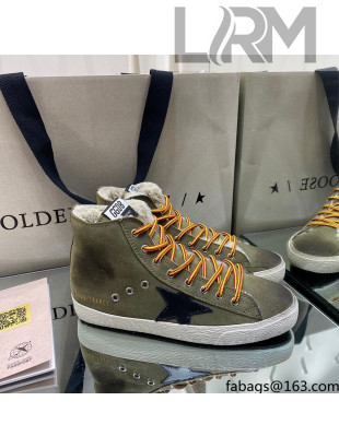 Golden Goose Francy Sneakers in Army Green Suede with Shearling Lining 2021