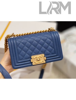 Chanel Quilted Origial Haas Caviar Leather Small Boy Flap Bag Denim Blue with Matte Gold Hardware(Top Quality)