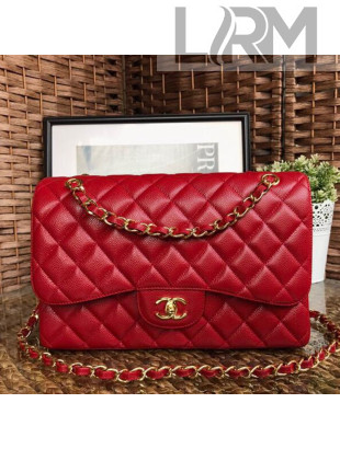 Chanel Jumbo Quilted Grained Calfskin Classic Large Flap Bag Red/Gold 2020