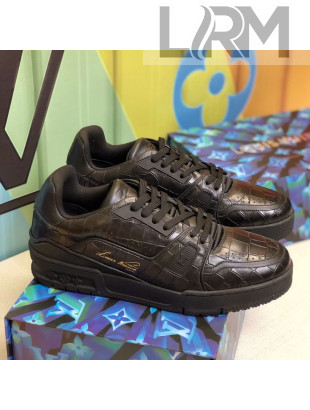 Louis Vuitton Men's LV Trainer Sneakers in Black Stone Embossed Leather 1A812O 202012