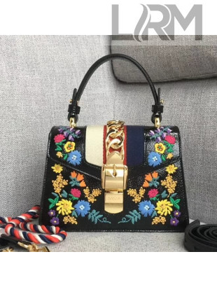 Gucci Sylvie Embroidered Flower Patent Leather Top Handle Mini Bag 470270 Black 2018