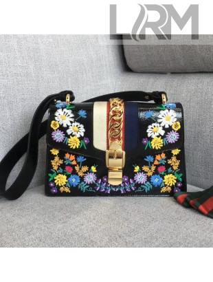 Gucci Sylvie Embroidered Flower Patent Leather Shoulder Bag 421882 Black 2018