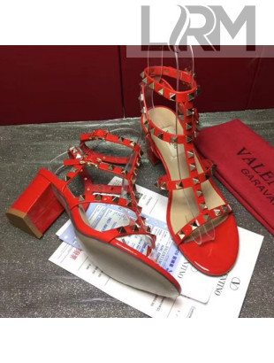 Valentino Rockstud Patent Calfskin Sandal with 6.5CM Heel Red 2017