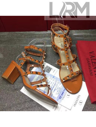 Valentino Rockstud Patent Calfskin Sandal with 6.5CM Heel Brown 2017