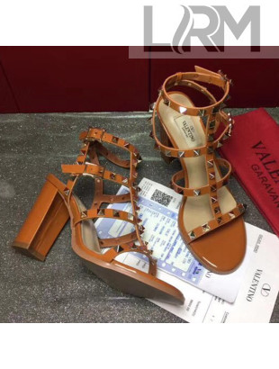 Valentino Rockstud Patent Calfskin Sandal with 9.5CM Heel Brown 2017
