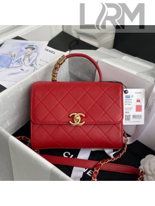 Chanel Quilted Leather Flap Bag with Top Handle and Pearl Metal CHANEL Charm AS2059 Red 2020