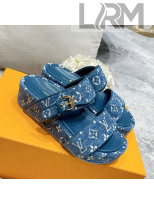 Louis Vuitton Jumbo Monogram Flocking Flatform Slide Sandals Blue 2021 111776