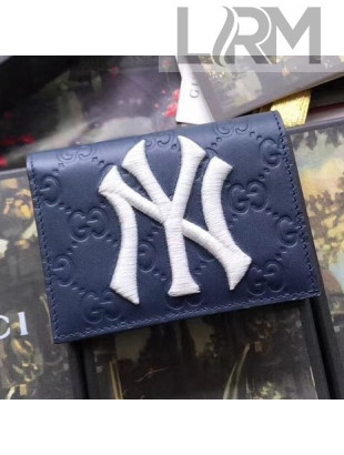 Gucci Signature Leather NY Yankees Card Case Navy Blue 2019