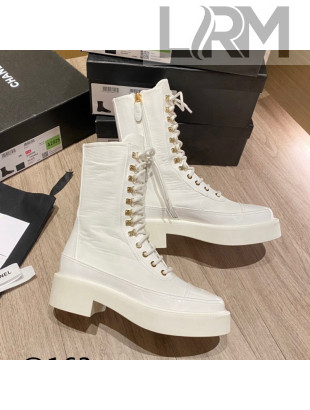 Chanel Nylon and Patent Calfskin Laced Short Boots G38086 White 2021