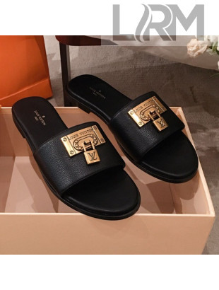 Louis Vuitton Lock It Flat Slide Sandals with Lock Charm Black Leather 2021
