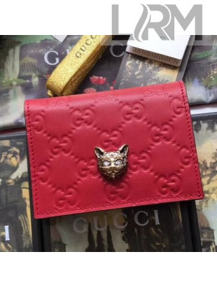 Gucci Signature Leather Card Case With Cat Head Red 2019
