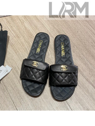 Chanel Leather Foldover Flat Slide Sandals Black 2021