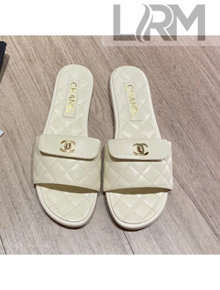 Chanel Leather Foldover Flat Slide Sandals White 2021