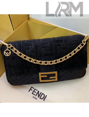 Fendi FF Velvet Large Baguette Flap Bag Black 2019