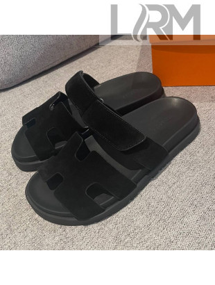 Hermes Chypre Suede H Flat Mules Black 2021