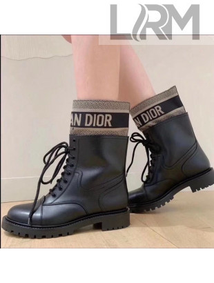 Dior D-Major Short Boots in Black Calfskin and Taupe Technical Fabric 2020
