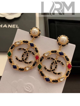 Chanel Stone Leather Chain Hoop Pendant Earrings AB3061 2019